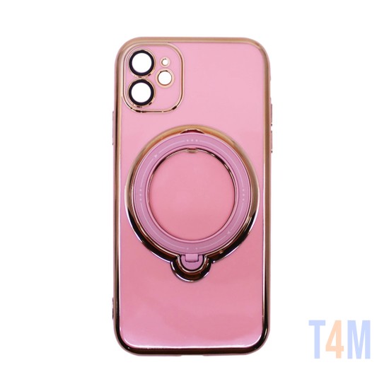 Capa de Silicone Dura com Protetor de Câmera e Anel de Suporte para Apple iPhone 11 Rosa